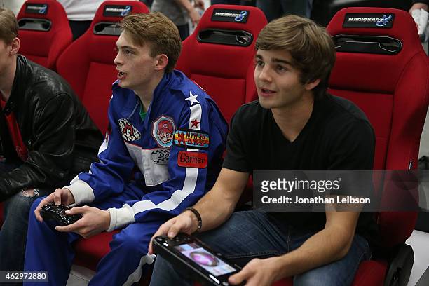 Jack Griffo and Dylan Riley Snyder attend the Dylan Riley Snyder Races Into His 18th Year With Nintendo at K1 Speed on February 7, 2015 in Gardena,...
