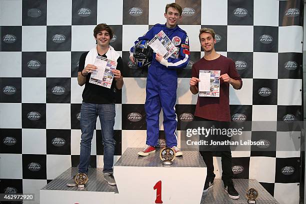 Jack Griffo, Dylan Riley Snyder and Austin North attend the Dylan Riley Snyder Races Into His 18th Year With Nintendo at K1 Speed on February 7, 2015...