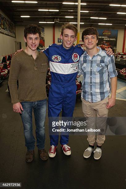 Nolan Gould, Dylan Riley Snyder and Jake Short attend the Dylan Riley Snyder Races Into His 18th Year With Nintendo at K1 Speed on February 7, 2015...