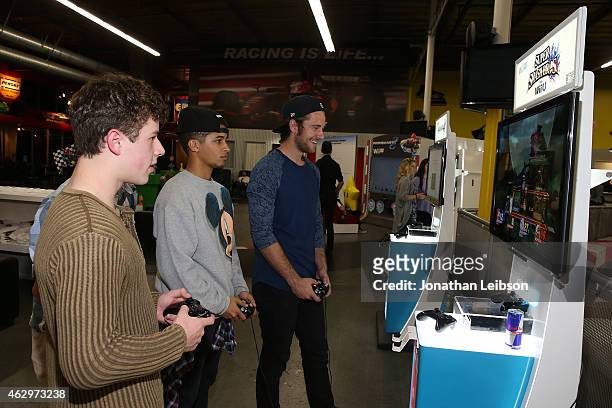 Nolan Gould and Jordan Fisher attend the Dylan Riley Snyder Races Into His 18th Year With Nintendo at K1 Speed on February 7, 2015 in Gardena,...