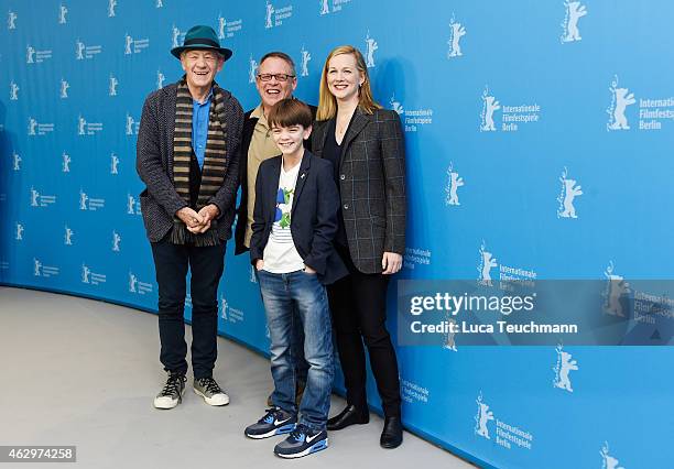 Sir Ian McKellen, director Bill Condon, Laura Linney and Milo Parker attend the 'Mr. Holmes' photocall during the 65th Berlinale International Film...