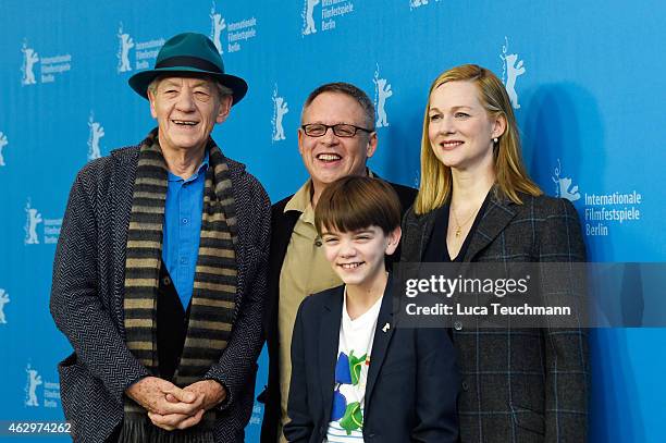 Sir Ian McKellen, director Bill Condon, Laura Linney and Milo Parker attend the 'Mr. Holmes' photocall during the 65th Berlinale International Film...