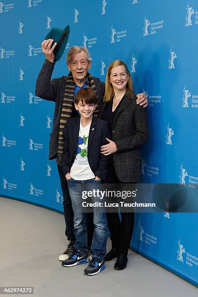 Sir Ian McKellen, Milo Parker and Laura Linney attend the 'Mr. Holmes' photocall during the 65th Berlinale International Film Festival at Grand Hyatt...