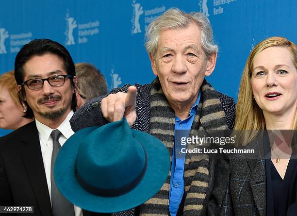 Hiroyuki Sanada, Sir Ian McKellen and Laura Linney attend the 'Mr. Holmes' photocall during the 65th Berlinale International Film Festival at Grand...