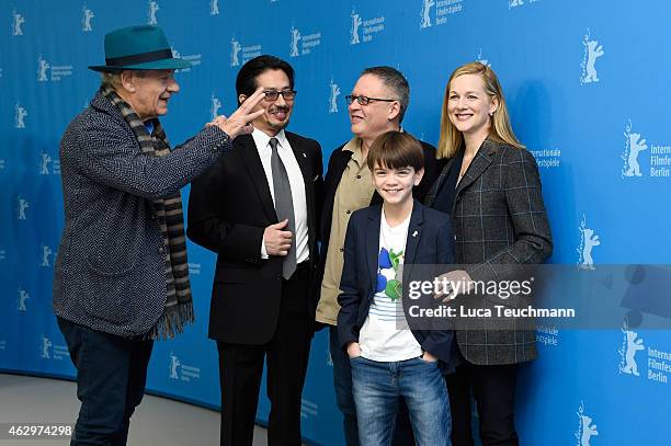 Sir Ian McKellen, Hiroyuki Sanada, Bill Condon, Laura Linney and Milo Parker attend the 'Mr. Holmes' photocall during the 65th Berlinale...