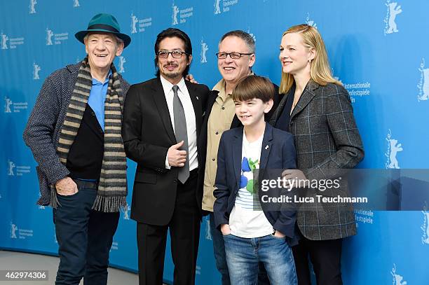 Sir Ian McKellen, Hiroyuki Sanada, Bill Condon, Laura Linney and Milo Parker attend the 'Mr. Holmes' photocall during the 65th Berlinale...