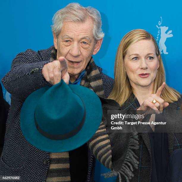 Sir Ian McKellen, and Laura Linney attend the 'Mr. Holmes' photocall during the 65th Berlinale International Film Festival at Grand Hyatt Hotel on...