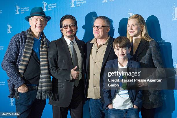 Sir Ian McKellen, Hiroyuki Sanada, Bill Condon, Milo Parker and Laura Linney attend the 'Mr. Holmes' photocall during the 65th Berlinale...