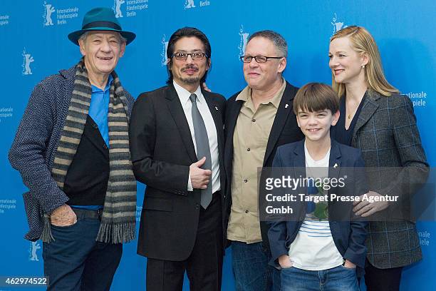 Sir Ian McKellen, Hiroyuki Sanada, Bill Condon, Milo Parker and Laura Linney attend the 'Mr. Holmes' photocall during the 65th Berlinale...