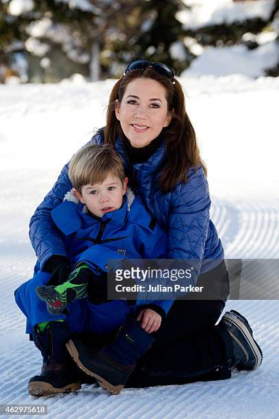 Crown Princess Mary of Denmark and Prince Vincent of Denmark attend a Photocall during their annual Ski holiday, on February 8, 2015 in Verbier,...