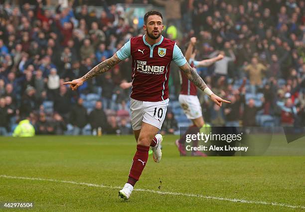 Danny Ings of Burnley celebrates scoring their second goal during the Barclays Premier League match between Burnley and West Bromwich Albion at Turf...