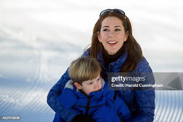 Prince Vincent of Denmark and Princess Mary of Denmark attend the Danish Royal family annual skiing photocall whilst on holiday on February 8, 2015...