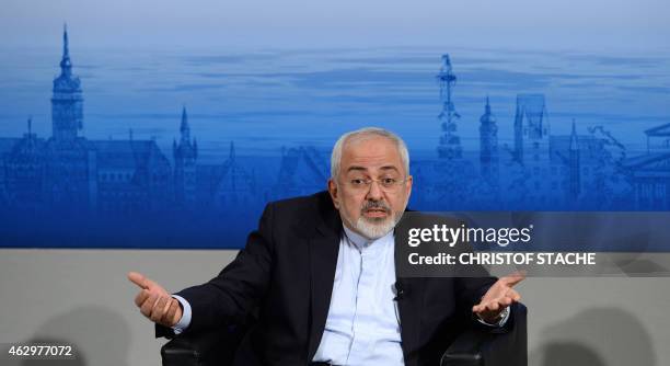 Iranian Foreign Minister Mohammad Javad Zarif gestures during a talk at the third day of the 51st Munich Security Conference in Munich, southern...