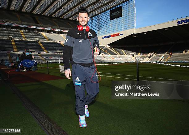 Remy Cabella of Newcastle United arrives prior to the Barclays Premier League match between Newcastle United and Stoke City at St James' Park on...