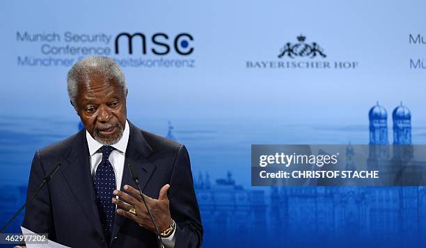 Former Secretary General of the United Nations Kofi Annan speaks at the stage during the third day of the 51st Munich Security Conference in Munich,...