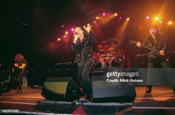 British heavy metal group Black Sabbath performing at the Hammersmith Apollo, London, 13th April, 1994. Left to right: Geezer Butler, Tony Martin,...