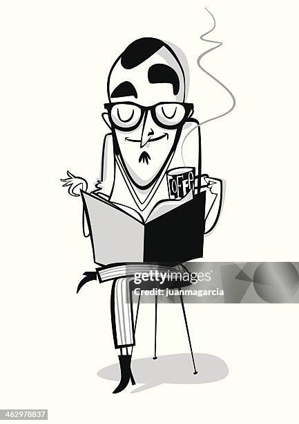 stockillustraties, clipart, cartoons en iconen met man with horn-rimmed glasses reading a magazine and made ​​coffee. - bril met hoornen montuur