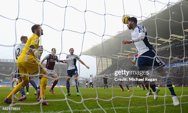 Ben Foster of West Brom looks on as Joleon Lescott of West Brom clears the ball off the line during the Barclays Premier League match between Burnley...