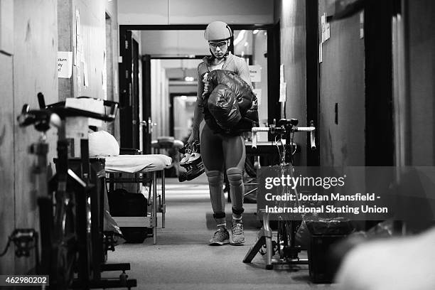 Denis Nikisha of Kazakhstan walks back to the changing room after competing on day 2 of the ISU World Cup Short Track Speed Skating on February 8,...