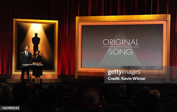 Chris Hemsworth and Academy President Cheryl Boone Isaacs announce the nominees for Best Original Song at the 86th Academy Awards Nominations...