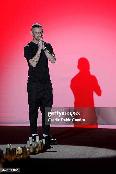 Designer David walks the runway at the end of Davidelfin show during Mercedes Benz Madrid Fashion Week Fall/Winter 2015/16 at Ifema on February 8,...