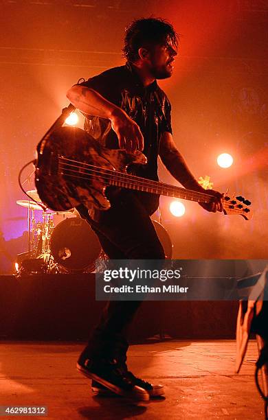Bassist Tobin Esperance of Papa Roach performs at The Joint inside the Hard Rock Hotel & Casino on February 7, 2015 in Las Vegas, Nevada.