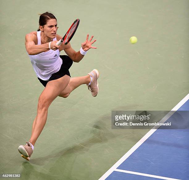 Andrea Petkovic of Germany plays a forehand in her single match against Jarmila Gajdosova of Australia during the Fed Cup 2015 World Group First...