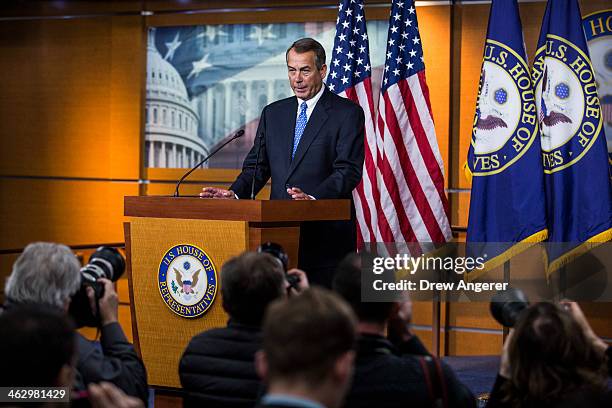 Speaker of the House John Boehner takes questions during a news conference on Capitol Hill, January 16, 2014 in Washington, DC. Boehner said he...