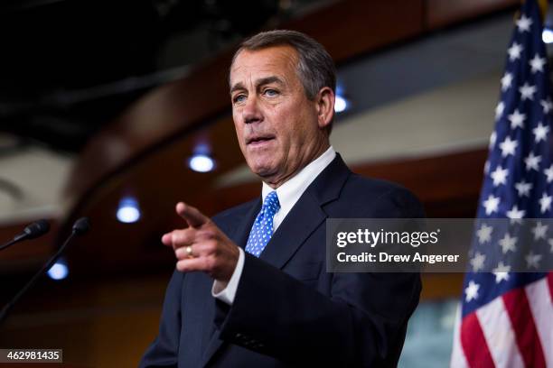 Speaker of the House John Boehner takes questions during a news conference on Capitol Hill, January 16, 2014 in Washington, DC. Boehner said he...