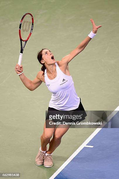 Andrea Petkovic of Germany serves in her single match against Jarmila Gajdosova of Australia during the Fed Cup 2015 World Group First Round tennis...