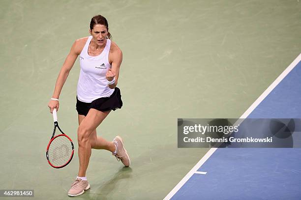 Andrea Petkovic of Germany celebrates during her single match against Jarmila Gajdosova of Australia during the Fed Cup 2015 World Group First Round...