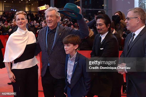 Laura Linney, Ian McKellen, Milo Parker, Hiroyuki Sanada and Bill Condon attend the 'Mr. Holmes' premiere during the 65th Berlinale International...