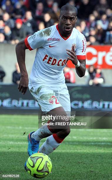 Monaco's French defender Geoffrey Kondogbia runs with the ball during the French L1 football match Guingamp versus Monaco on February 8, 2015 at the...