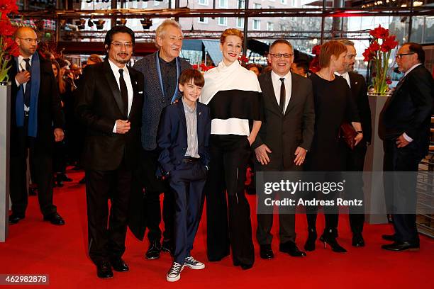 Laura Linney, Ian McKellen, Milo Parker, Hiroyuki Sanada and Bill Condon attend the 'Mr. Holmes' premiere during the 65th Berlinale International...