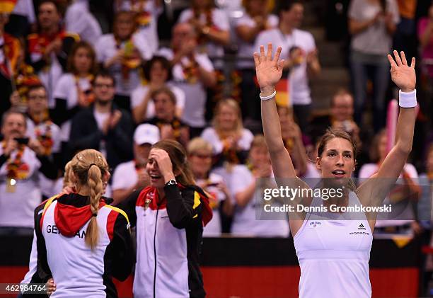 Andrea Petkovic of Germany celebrates after her victory in her single match against Jarmila Gajdosova of Australia during the Fed Cup 2015 World...