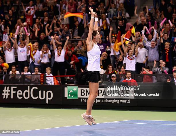 Andrea Petkovic of Germany celebrates after her victory in her single match against Jarmila Gajdosova of Australia during the Fed Cup 2015 World...