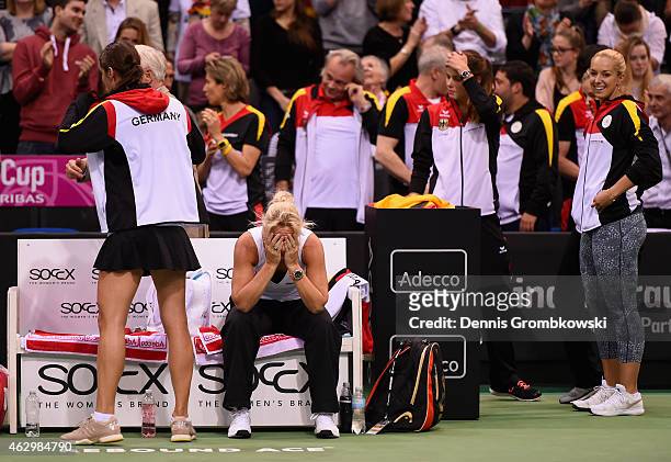 Team captain Barbara Rittner of Germany reacts after her team wins the Fed Cup 2015 World Group First Round tennis between Germany and Australia at...