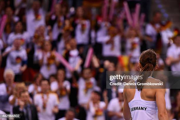 Andrea Petkovic of Germany looks on during her single match against Jarmila Gajdosova of Australia during the Fed Cup 2015 World Group First Round...