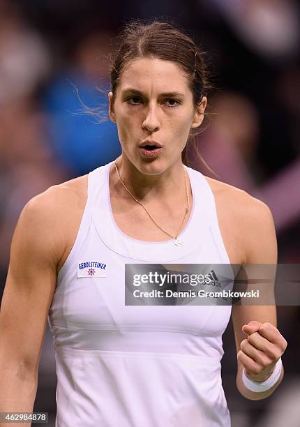 Andrea Petkovic of Germany celebrates a point during her single match against Jarmila Gajdosova of Australia during the Fed Cup 2015 World Group...