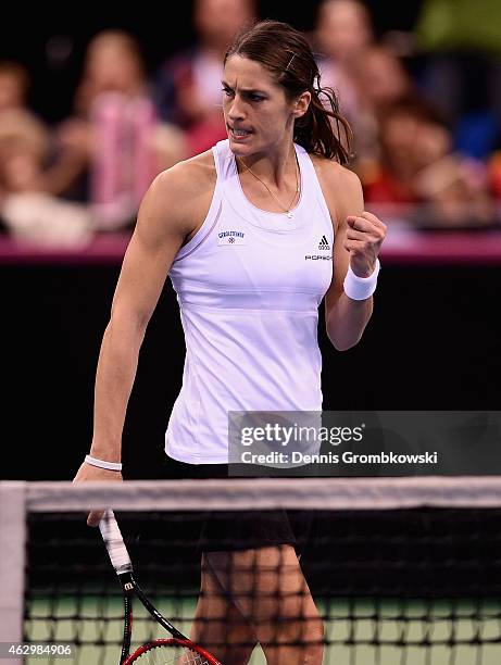 Andrea Petkovic of Germany celebrates a point during her single match against Jarmila Gajdosova of Australia during the Fed Cup 2015 World Group...