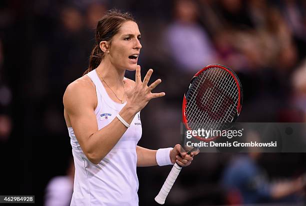 Andrea Petkovic of Germany reacts her single match against Jarmila Gajdosova of Australia during the Fed Cup 2015 World Group First Round tennis...