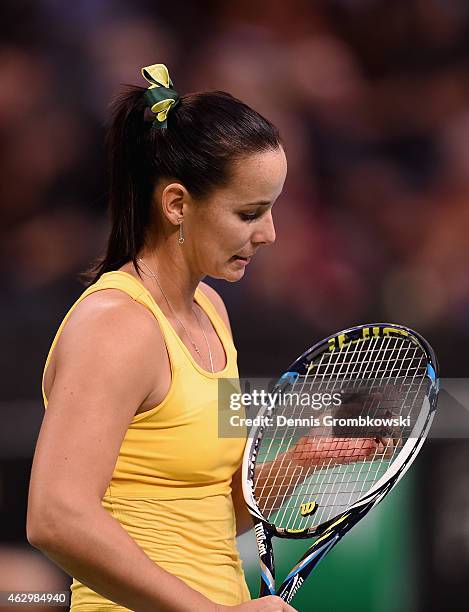 Jarmila Gajdosova of Australia reacts during her single match against Andrea Petkovic of Germany during the Fed Cup 2015 World Group First Round...