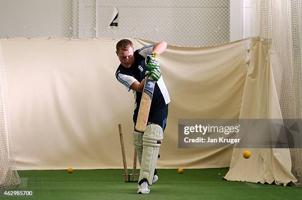 Matthew Cowdery bats during the Learning Disabilities Tri-Series Training Camp on February 8, 2015 in Shrewsbury, England.