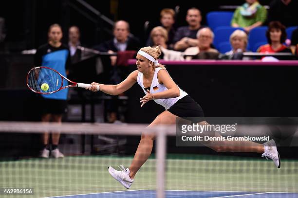 Sabine Lisicki of Germany in action during the Fed Cup 2015 World Group First Round tennis between Germany and Australia at Porsche-Arena on February...
