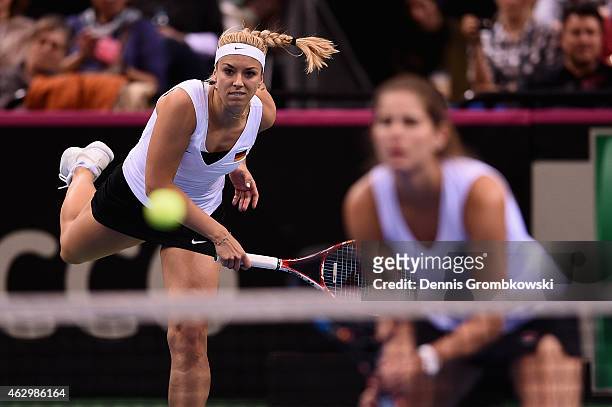 Sabine Lisicki of Germany in action during the Fed Cup 2015 World Group First Round tennis between Germany and Australia at Porsche-Arena on February...