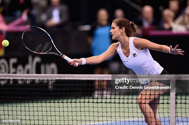 Julia Goerges of Germany in action during the Fed Cup 2015 World Group First Round tennis between Germany and Australia at Porsche-Arena on February...
