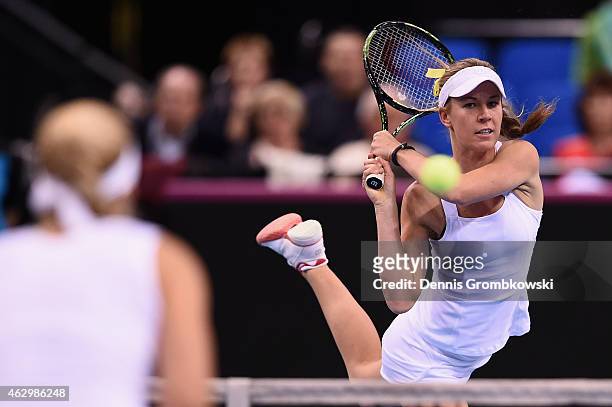 Olivia Rogowska of Australia in action during the Fed Cup 2015 World Group First Round tennis between Germany and Australia at Porsche-Arena on...