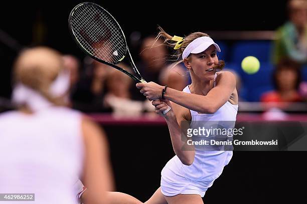 Olivia Rogowska of Australia in action during the Fed Cup 2015 World Group First Round tennis between Germany and Australia at Porsche-Arena on...