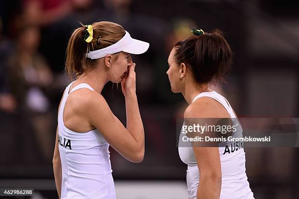Olivia Rogowska and Casey Dellacqua of Australia exchange words during the Fed Cup 2015 World Group First Round tennis between Germany and Australia...