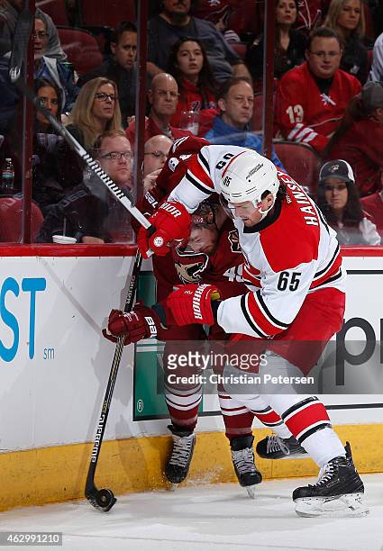 Ron Hainsey of the Carolina Hurricanes battles with Alex Bolduc of the Arizona Coyotes during the NHL game at Gila River Arena on February 5, 2015 in...